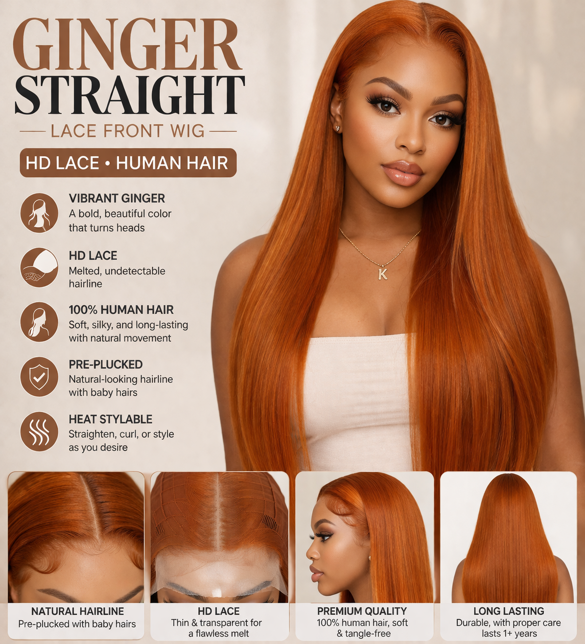 Ginger straight lace Front Wig – 100% Virgin Brazilian Human Hair