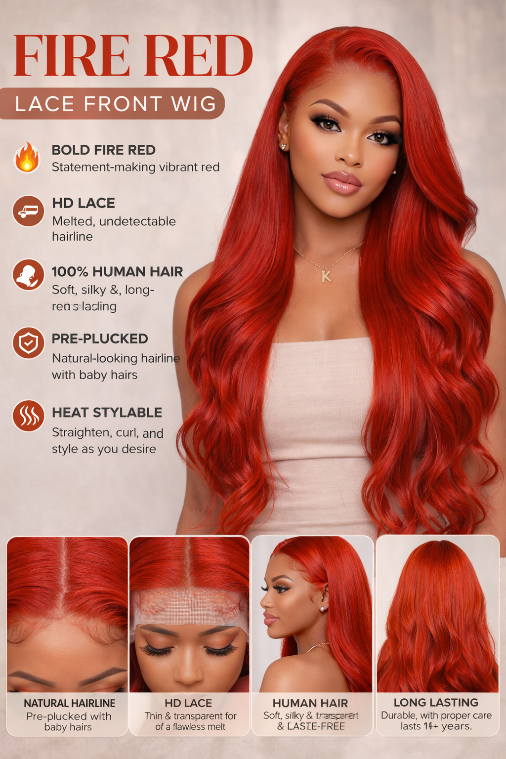 Fire Red lace Front Wig – 100% Virgin Brazilian Human Hair